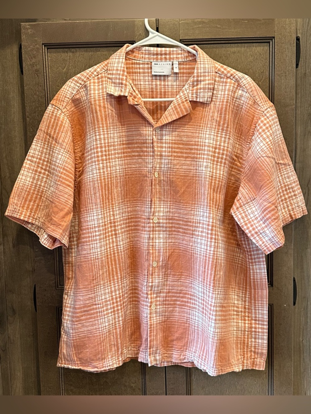 ASOS Peach Plaid Short-Sleeve Botton Down  Shirt Size Medium
